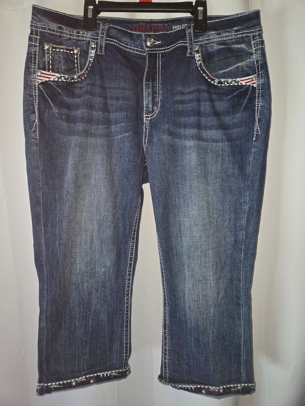 Grace Indigo Cropped Jeans with Flag-Trim Accents - 34